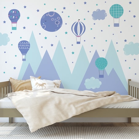 NAKLEJKI NA ŚCIANĘ DLA DZIECI KOLOROWE GÓRY BALONY CHMURKI GWIAZDY ZESTAW