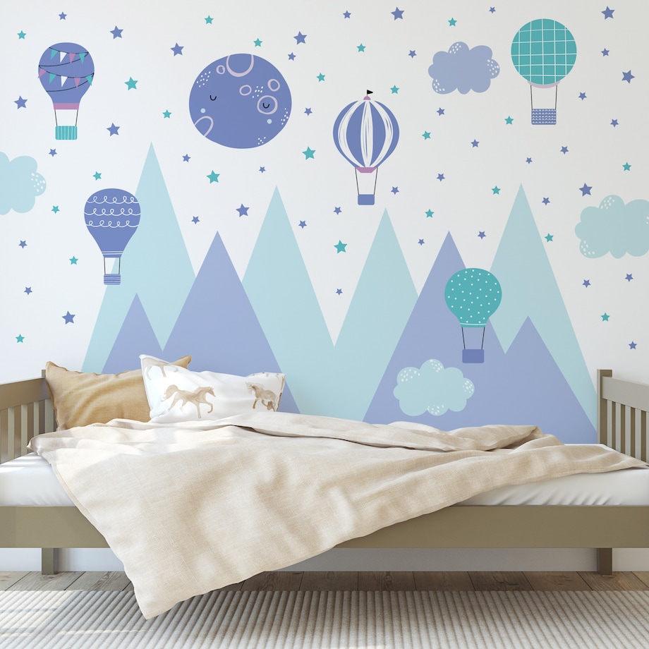 NAKLEJKI NA ŚCIANĘ DLA DZIECI KOLOROWE GÓRY BALONY CHMURKI GWIAZDY ZESTAW