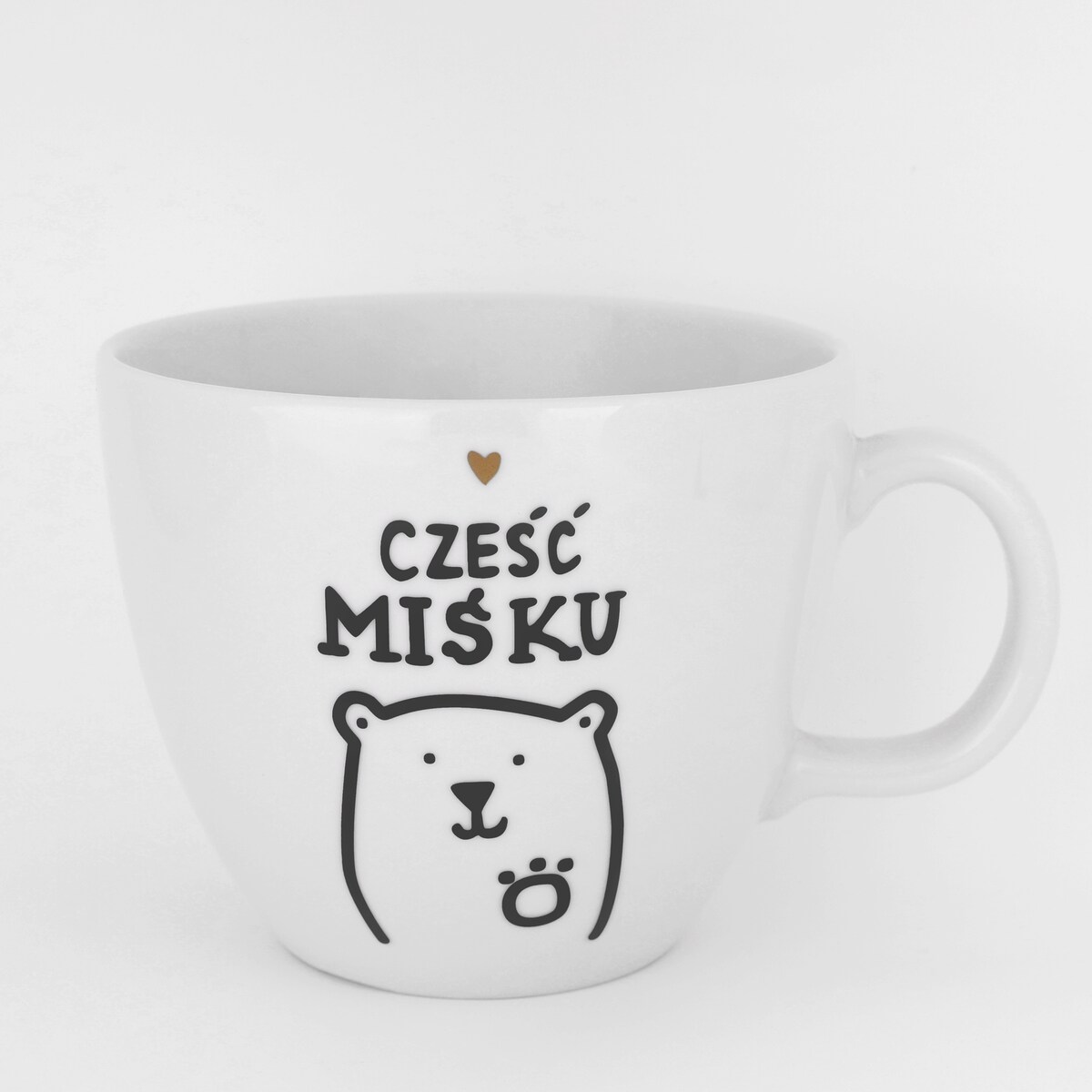Biały kubek porcelanowy 1 litra - napis cześć miśku ze złotym sercem dla ukochanej osoby na walentynki
