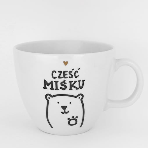 Biały kubek porcelanowy 1 litra - napis cześć miśku ze złotym sercem dla ukochanej osoby na walentynki