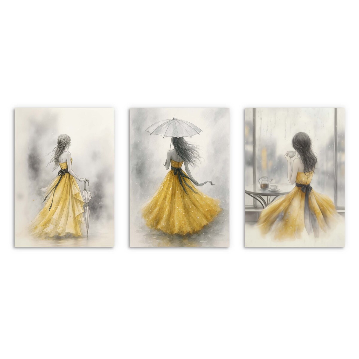 Plakaty na ścianę Złote ramki Akwarela Tryptyk Kobieta Obrazy do salonu