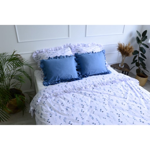 Pościel Bawełniana Z Falbanką Zestaw Komplet Do Sypialni Kołdra + 4 Poduszki 180X200 Cm Niebieska Łączka Niebieski