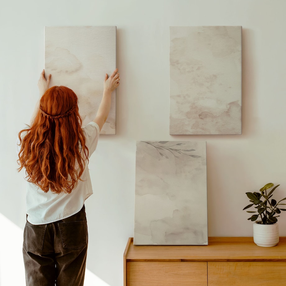 Zestaw 3 dużych obrazów na płótnie - Akwarelowe liście pastelowe - beżowy