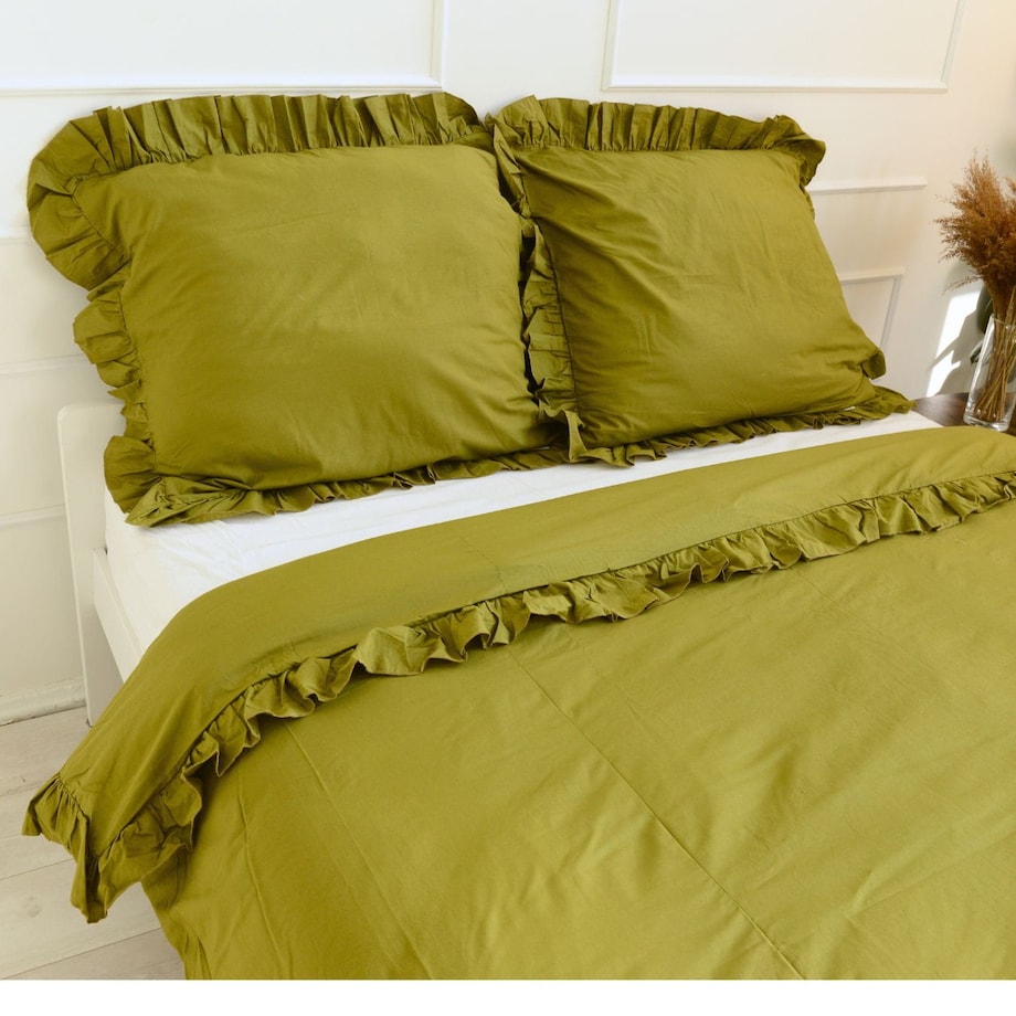 Poszewka Pościel Na Kołdrę Z Falbanką 140X200 Cm Oliwkowa