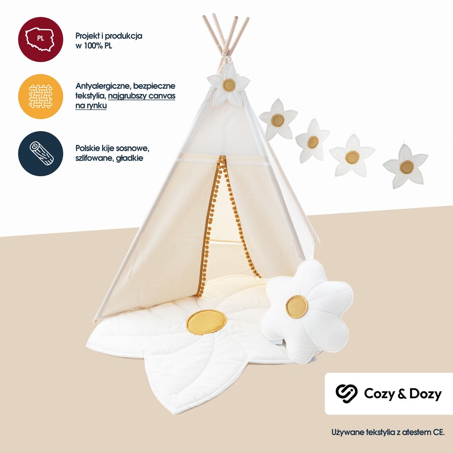 Namiot Tipi Daisy, zestaw z matą, poduszką i girlandą