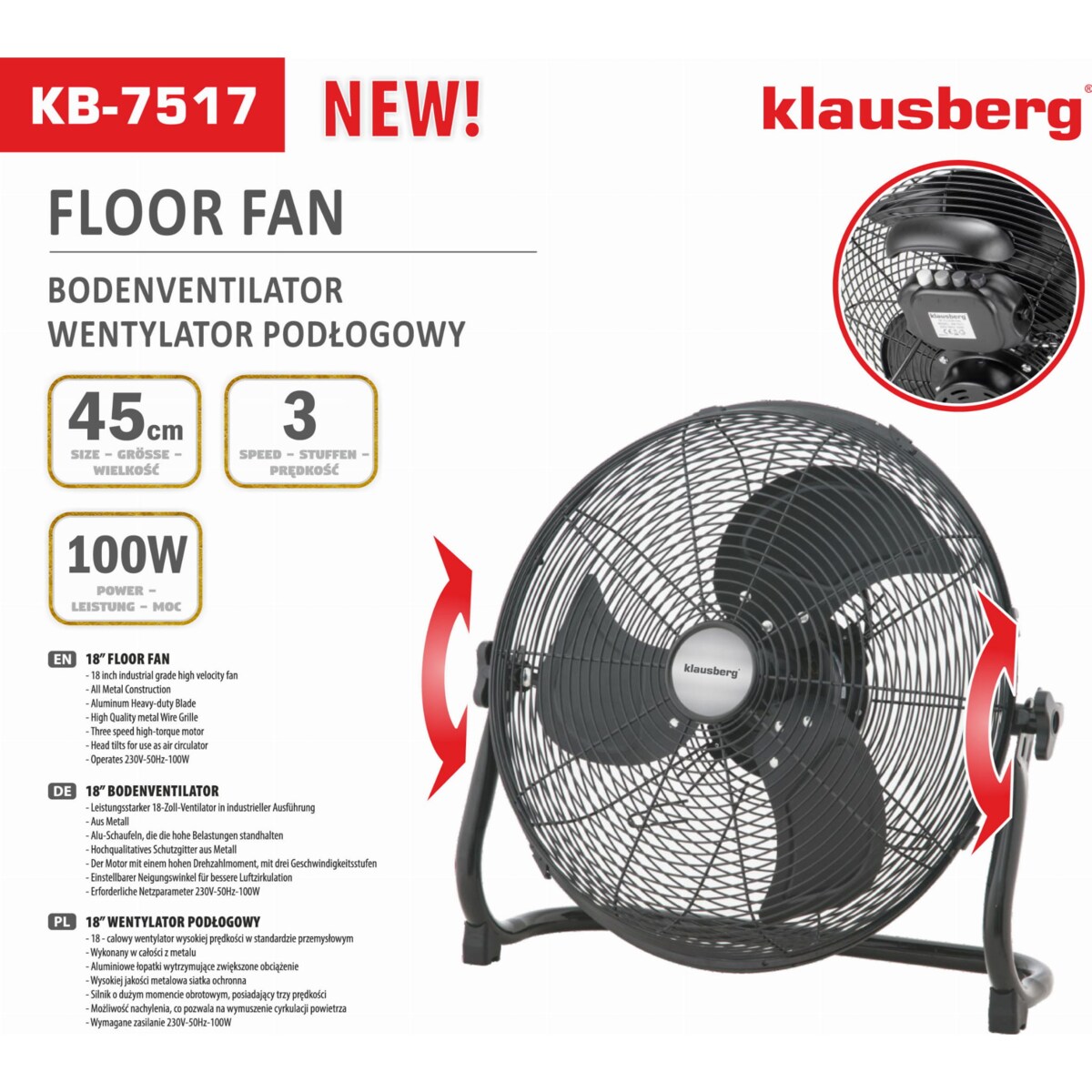 Wentylator cyrkulator podłogowy 45cm 100W KLAUSBERG