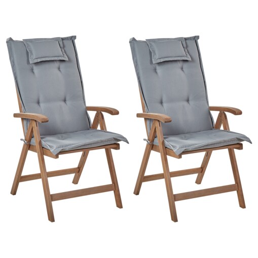 Zestaw 2 krzeseł ogrodowych drewno akacjowe z poduszkami szarymi AMANTEA