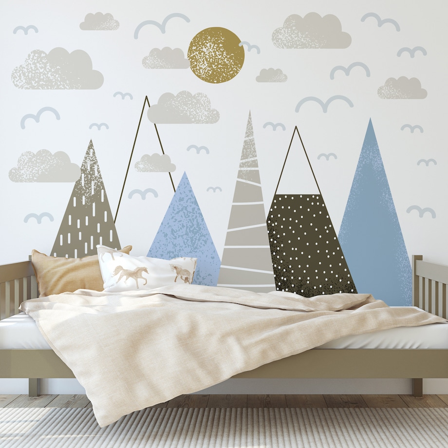 NAKLEJKI ŚCIENNE DLA DZIECI NIEBIESKIE GÓRY CHMURY PTAKI SŁOŃCE ZESTAW