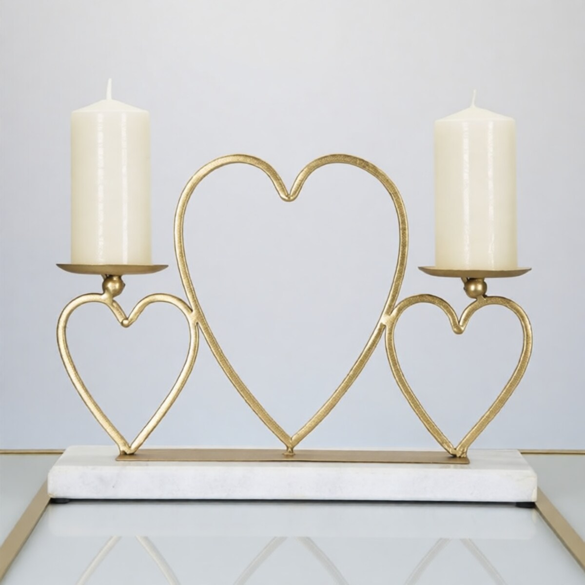 Świecznik dekoracyjny Hearts, 30 x 9 x 20 cm, świecznik na świecę, złoty, marmurowy, żelazo, marmur, Mauro Ferretti