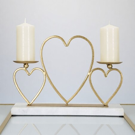 Świecznik dekoracyjny Hearts, 30 x 9 x 20 cm, świecznik na świecę, złoty, marmurowy, żelazo, marmur, Mauro Ferretti