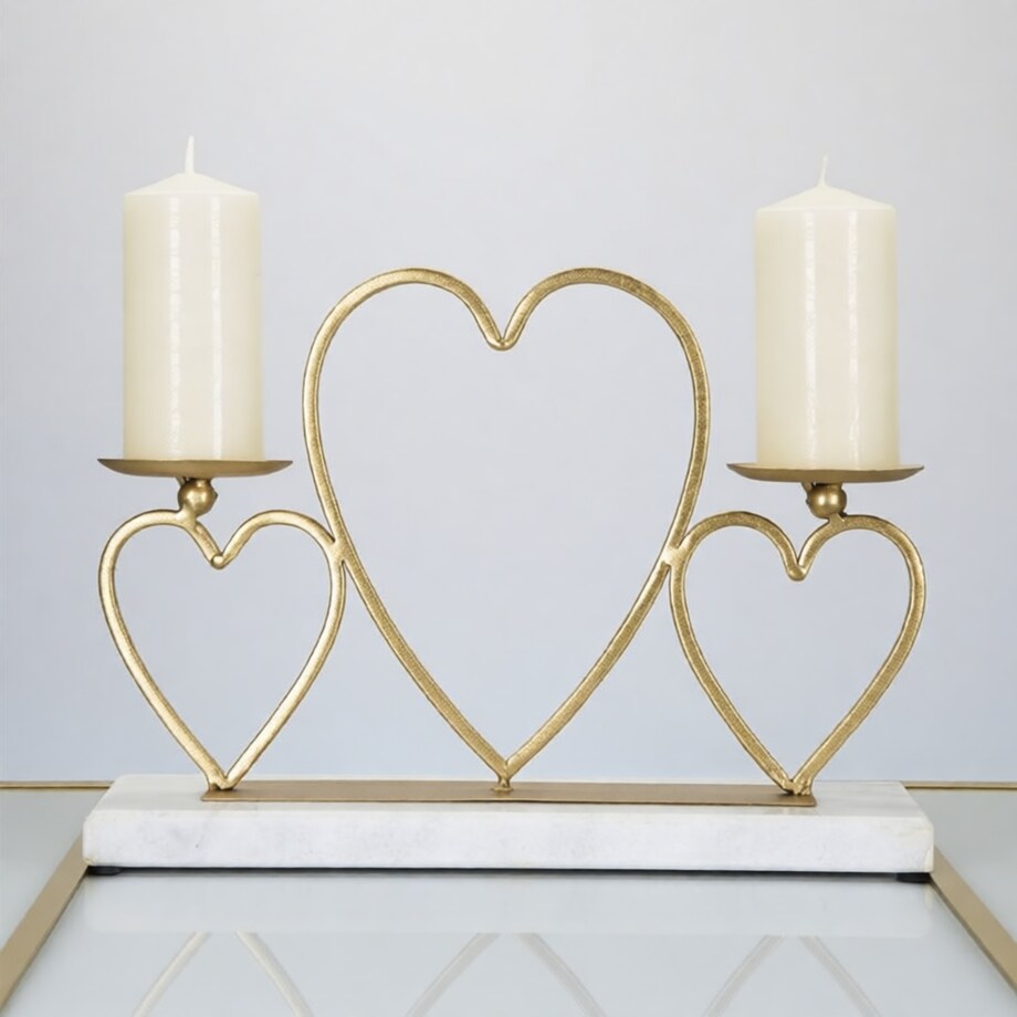 Świecznik dekoracyjny Hearts, 30 x 9 x 20 cm, świecznik na świecę, złoty, marmurowy, żelazo, marmur, Mauro Ferretti