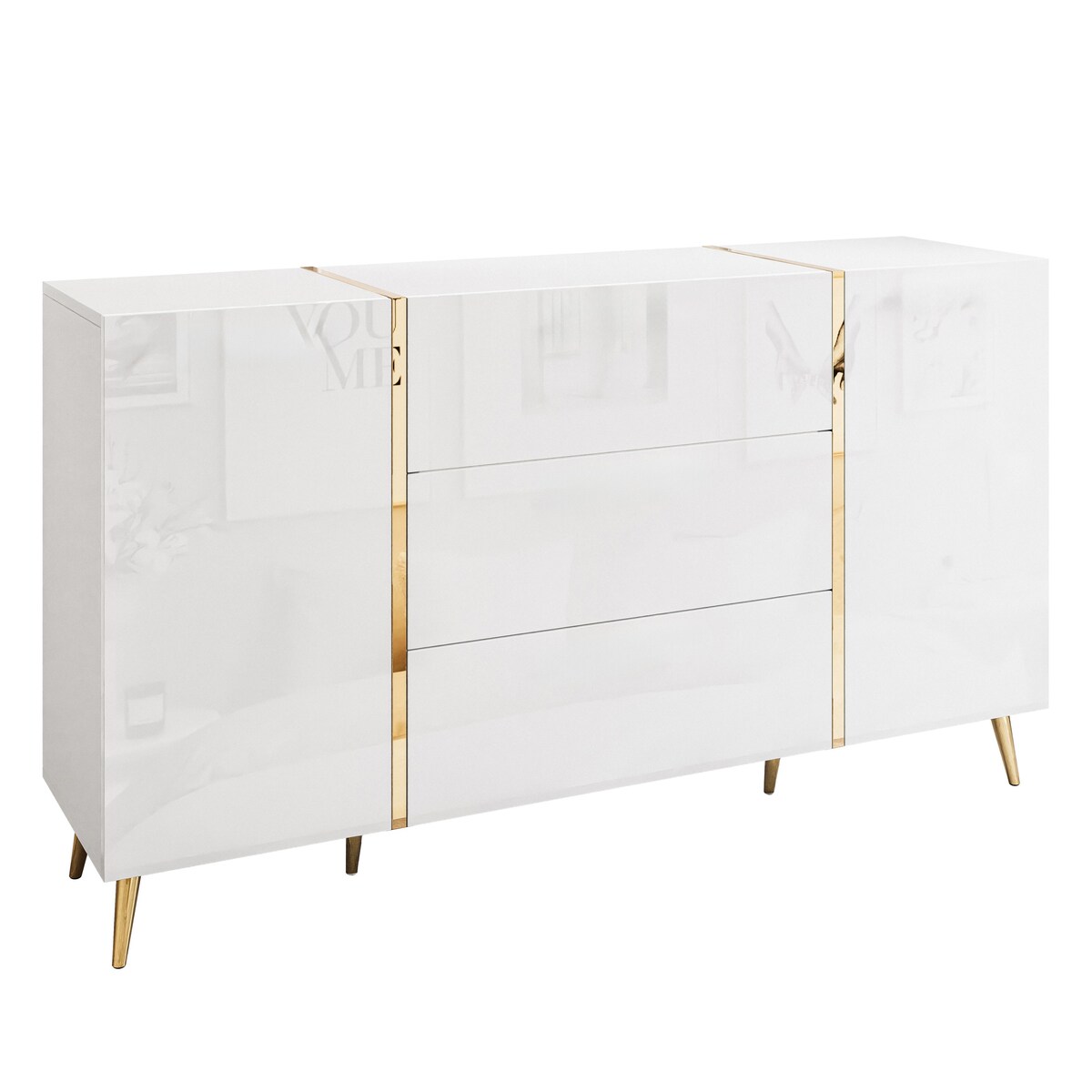 Komoda z szufladami ONYX na złotych nóżkach wysoki połysk 158 cm, biała, push-to-open