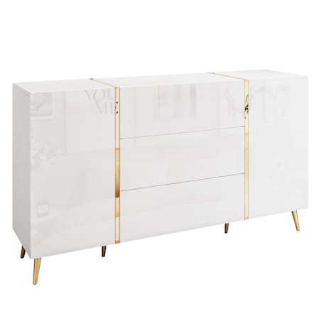 Komoda z szufladami ONYX na złotych nóżkach wysoki połysk 158 cm, biała, push-to-open