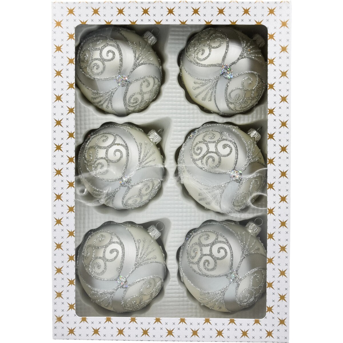 ZESTAW 6 szt.: Bombka choinkowa: Srebrna z ornamentem: 6 sztuk