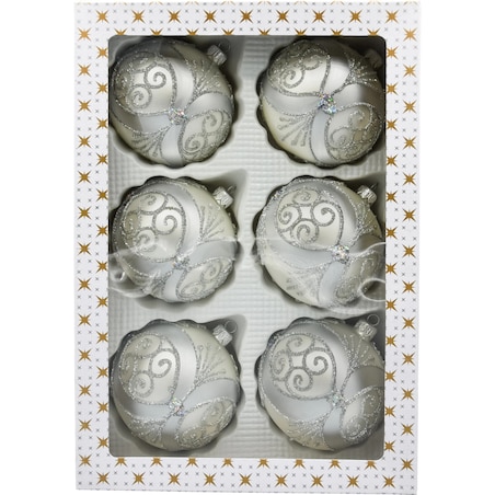 ZESTAW 6 szt.: Bombka choinkowa: Srebrna z ornamentem: 6 sztuk