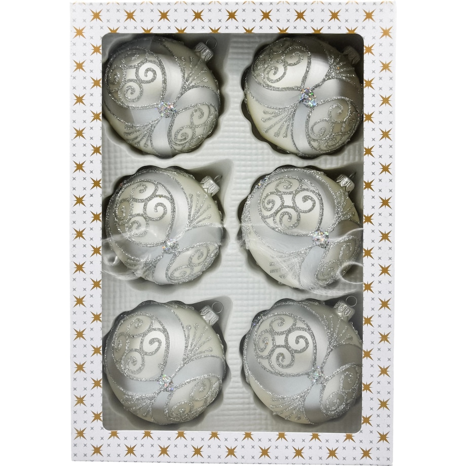 ZESTAW 6 szt.: Bombka choinkowa: Srebrna z ornamentem: 6 sztuk