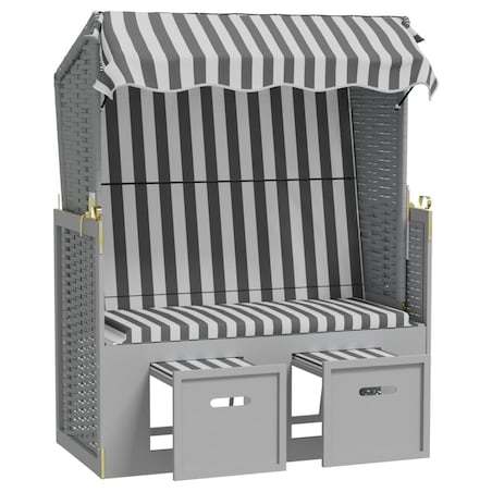 vidaXL Kosz plażowy z zadaszeniem, rattan PE i drewno, szaro-biały