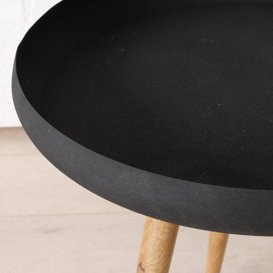 Stoliki kawowe loftowe z czarnym blatem i nogami z drewna mango MASDOUR, 3 sztuki