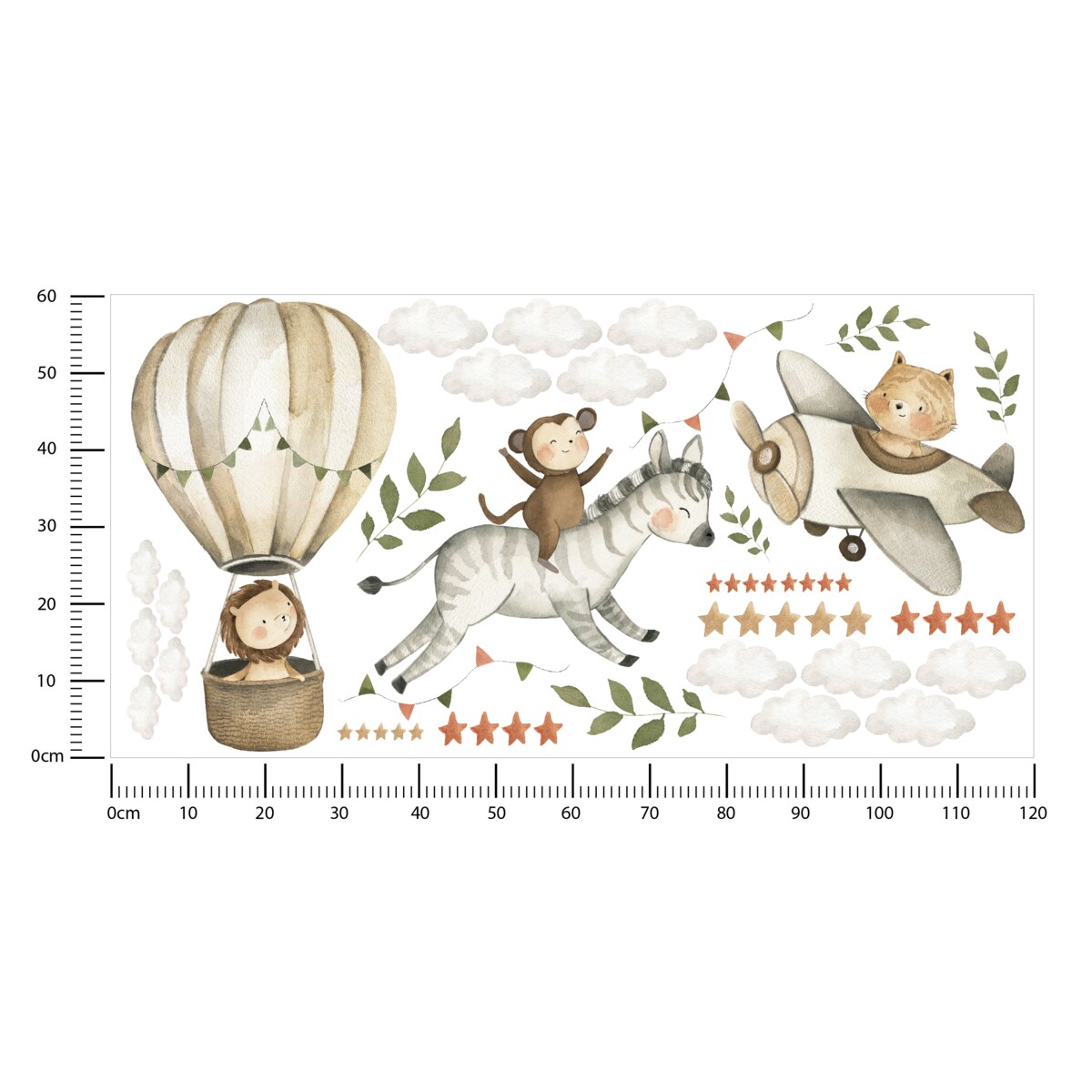 ZESTAW Naklejek Dla Dzieci Dzikie Zwierzęta Lew Zebra Małpka Chmurki Liście 120x60cm