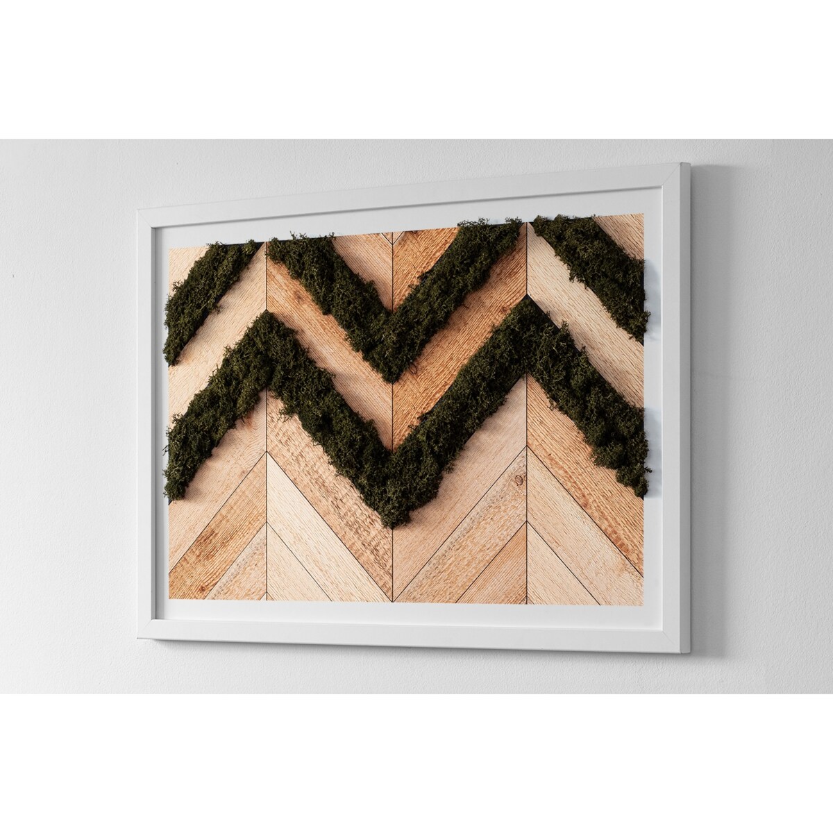 Obraz Deski w jodełkę - mech chrobotek w białej ramie 60x40cm