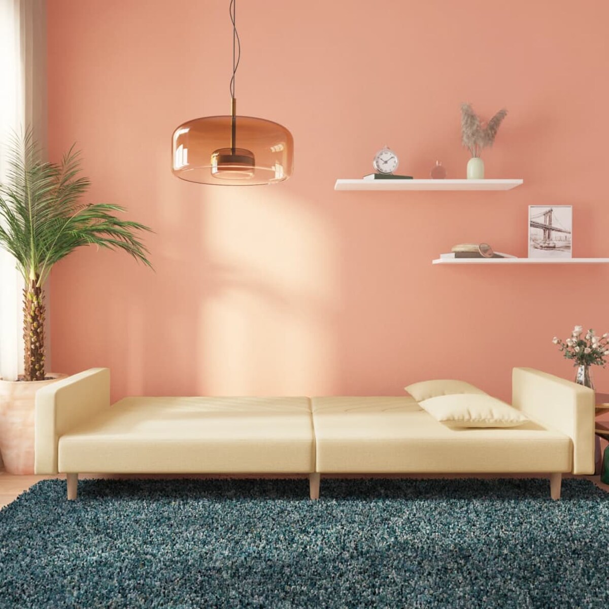 vidaXL 2-osobowa kanapa, 2 poduszki, kremowa, tapicerowana tkaniną