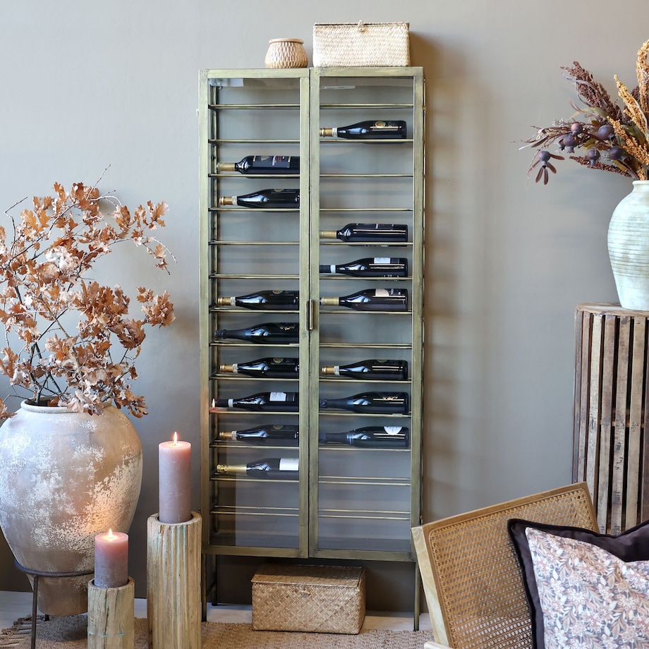 Witryna metalowa na butelki wina, mosiężna, postarzana 194x77x22 cm