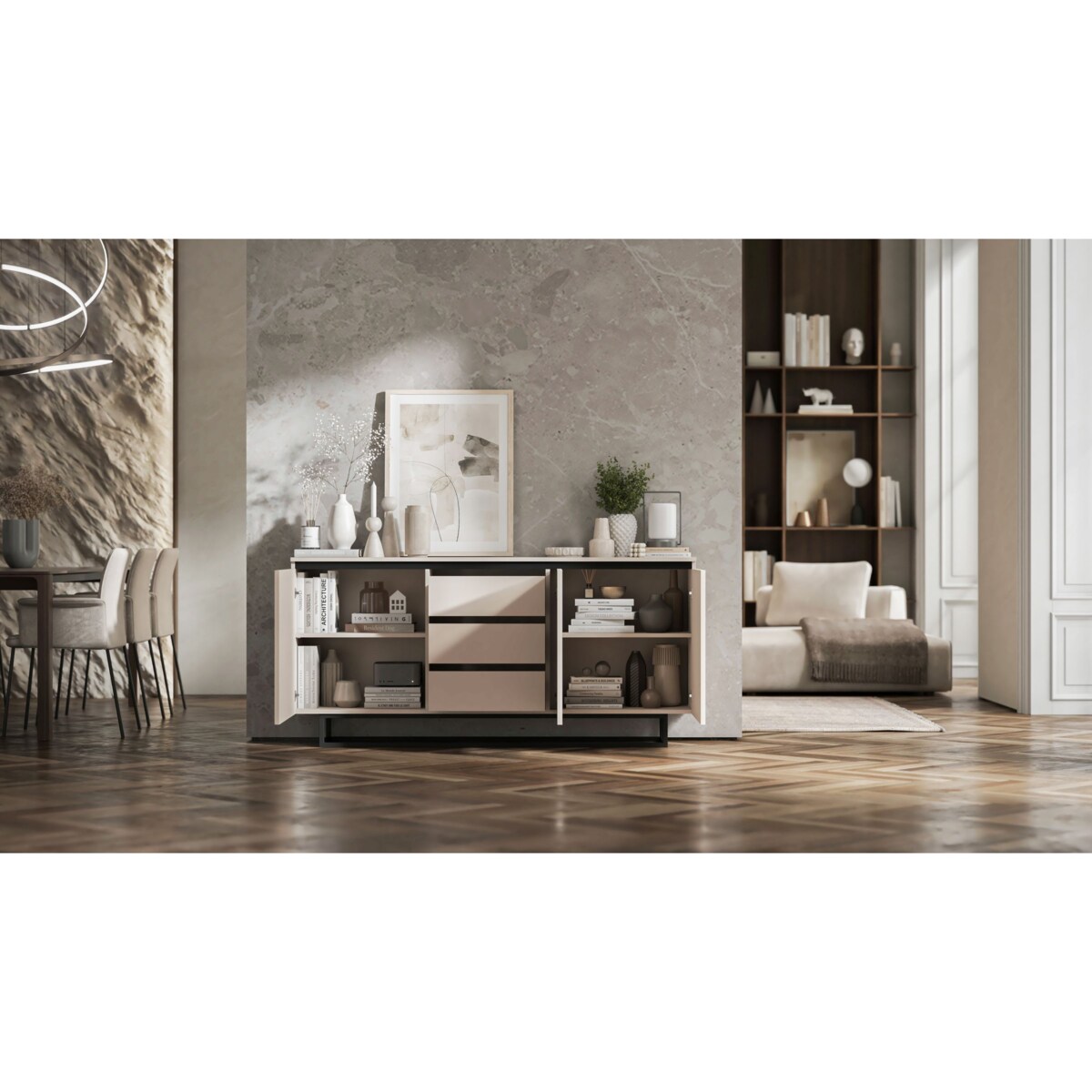 Komoda Glamour Szafka RTV Kaszmir MAT ryflowane fronty czarny stelaż 166,8 cm