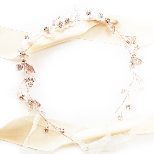 Gałązka ślubna rose gold z kwiatami listkami i cyrkoniami