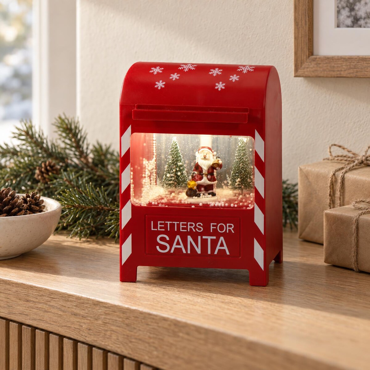 Skrzynka pocztowa świąteczna z LED, efektem śniegu i melodią, 15 x 10,8 x 23 cm