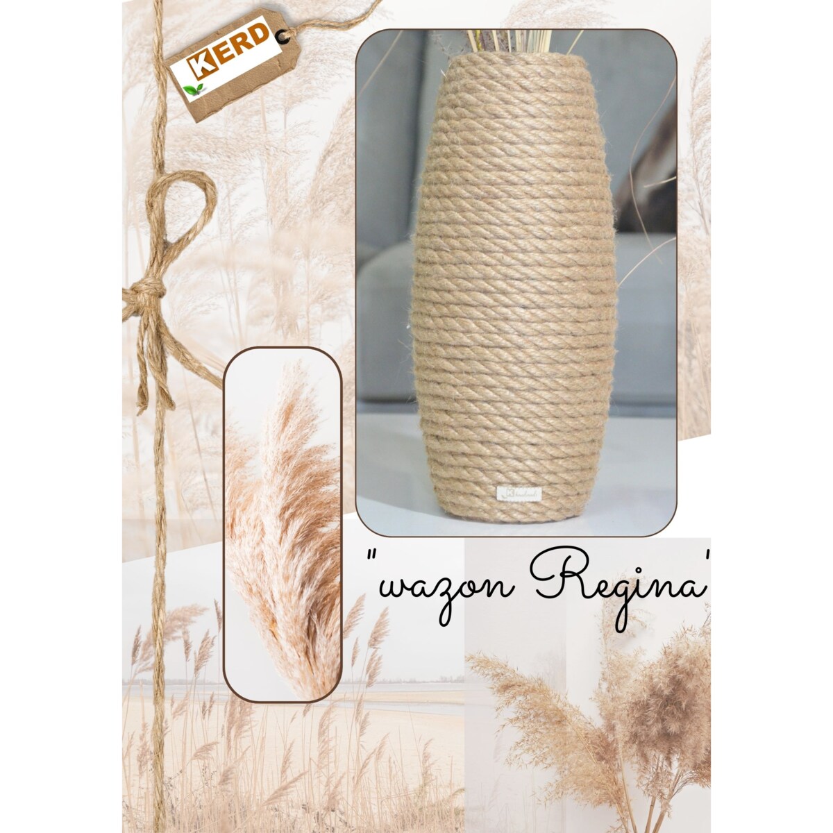 Wazon REGINA w stylu BOHO jutowy do suszonej trawy i kwiatów * pleciony sznurek jutowy naturalny do trawy pampasowej kompozycji h 31 cm styl skandynawski