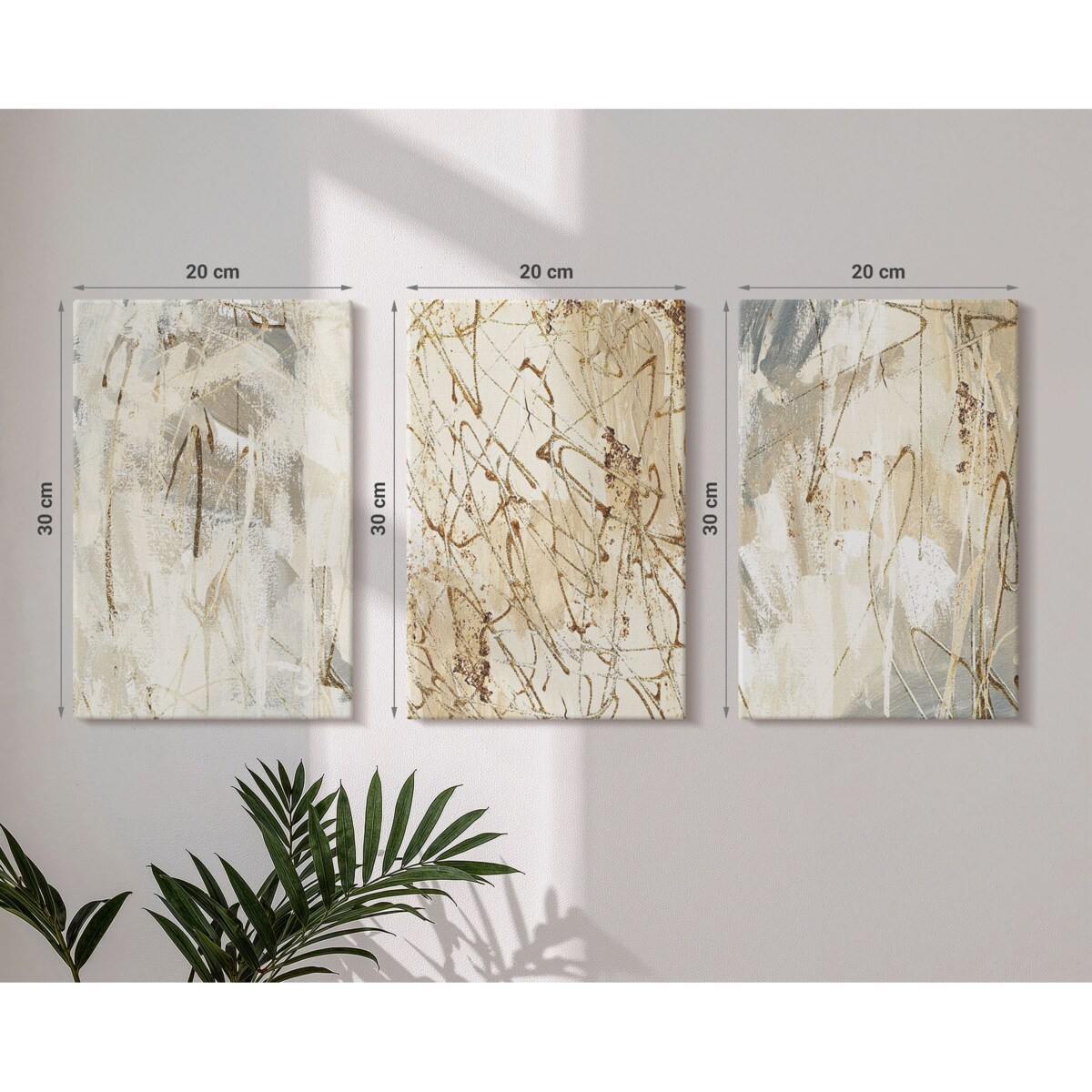Zestaw 3 małych obrazów na płótnie - Abstrakcyjne wzory beż szarość - żółty