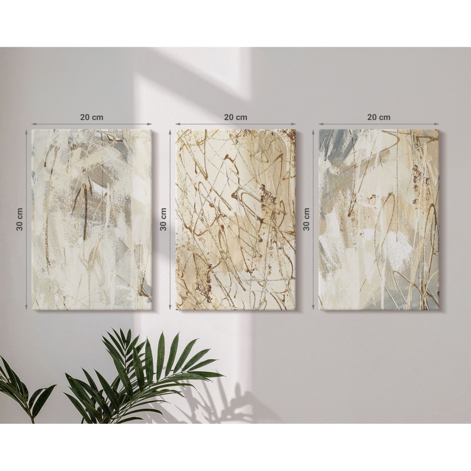 Zestaw 3 małych obrazów na płótnie - Abstrakcyjne wzory beż szarość - żółty