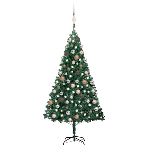 vidaXL Sztuczna choinka z lampkami i bombkami, zielona, 120 cm, PVC