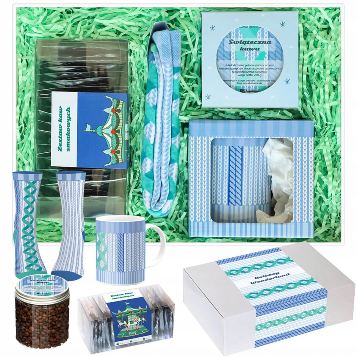 DUŻY ZESTAW PREZENTOWY GIFT BOX KOSZ KAWY SMAKOWE MIELONE W SASZETKACH KUBEK SKARPETY PREZENT UPOMINEK POD CHOINKĘ NA ŚWIĘTA GWIAZDKĘ MIKOŁAJA BOŻE NARODZENIE DLA KOBIETY FACETA MĘŻCZYZNY