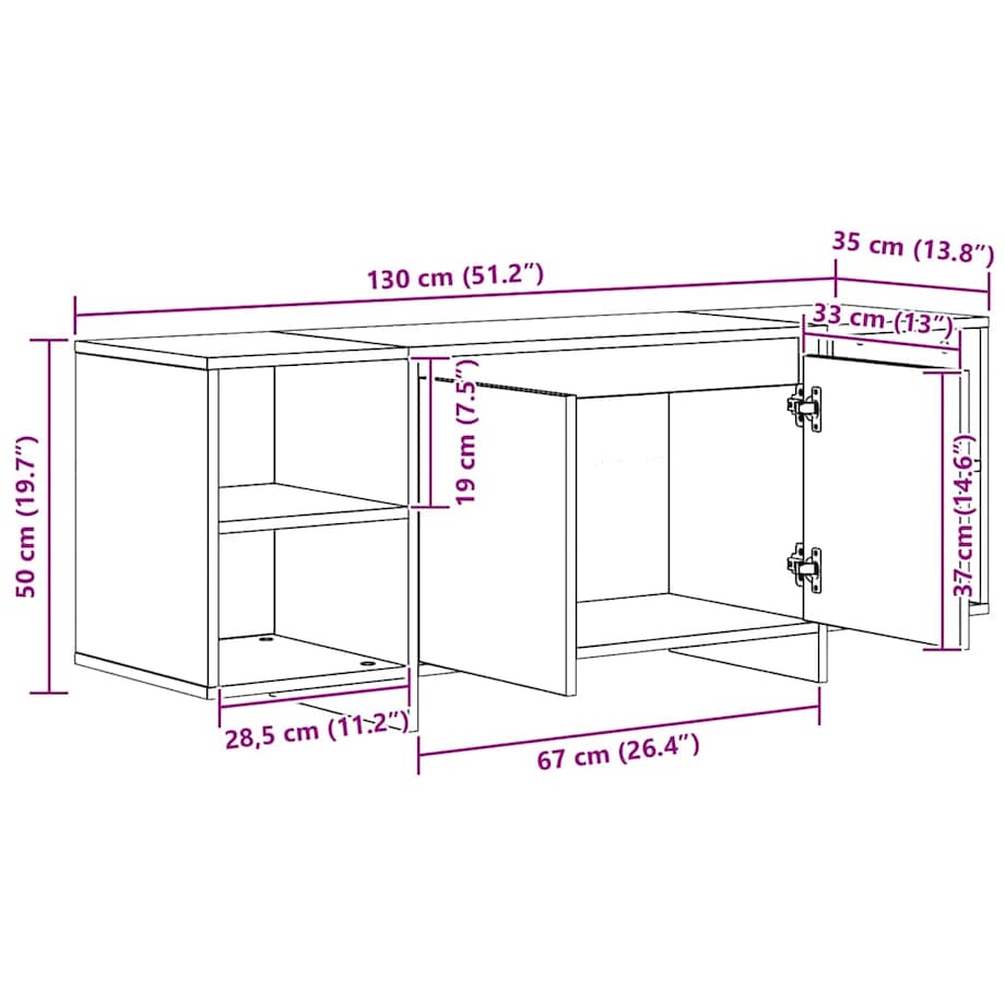 vidaXL Szafka TV, dąb artisan, 130x35x50 cm, materiał drewnopochodny