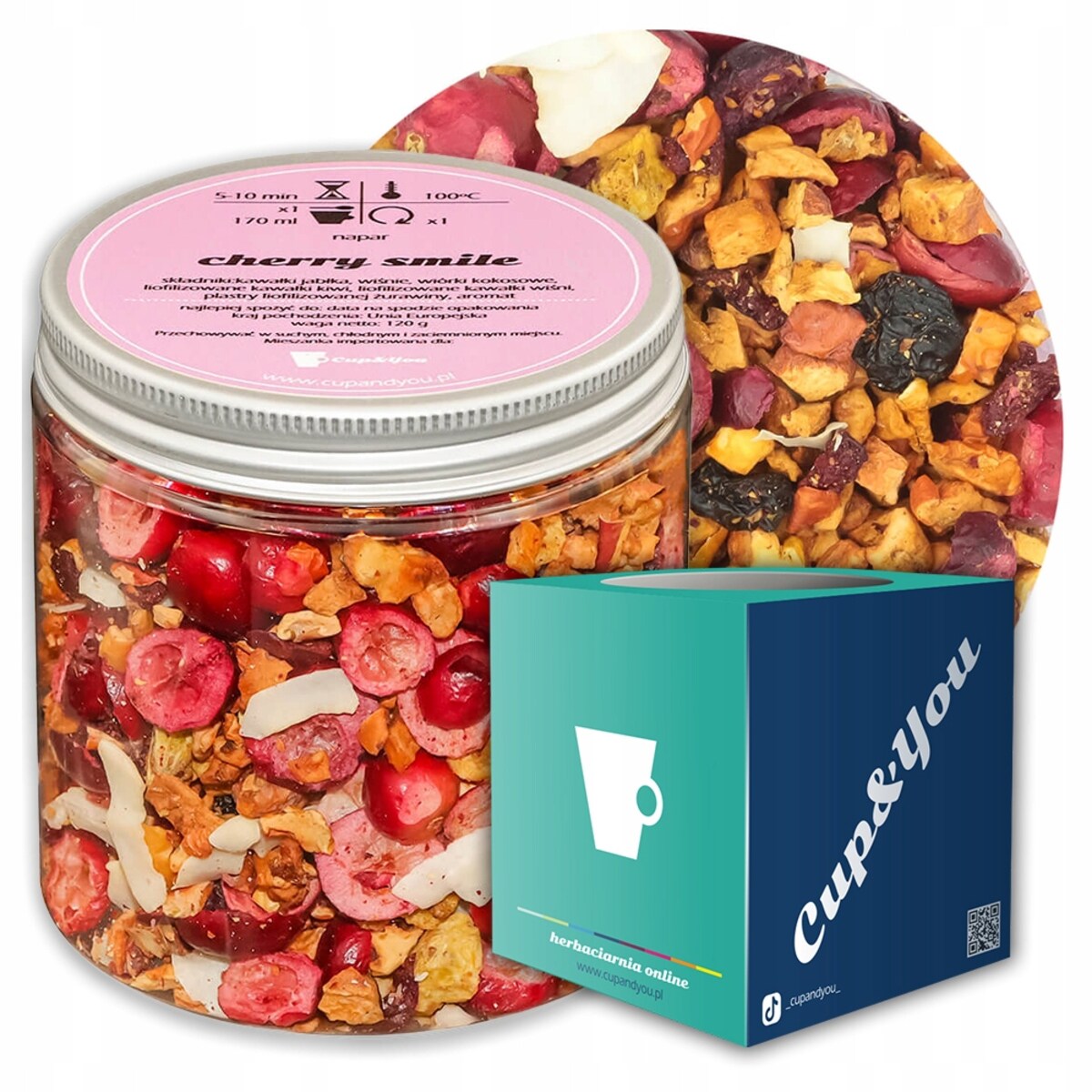 Herbata owocowa sypana CHERRY SMILE o smaku tropikalnym z wiśnią i jabłkiem - herbata liściasta sypana mieszanka napar susz - gotowa na prezent upominek