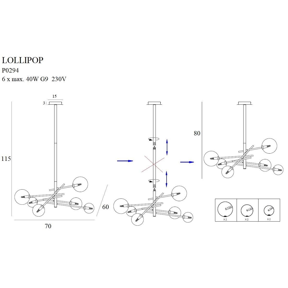 Żyrandol LAMPA wisząca LOLLIPOP P0294 Maxlight metalowa OPRAWA pręty szklane kule balls molekuły zwis mosiądz przezroczyste