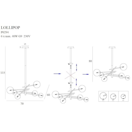 Żyrandol LAMPA wisząca LOLLIPOP P0294 Maxlight metalowa OPRAWA pręty szklane kule balls molekuły zwis mosiądz przezroczyste
