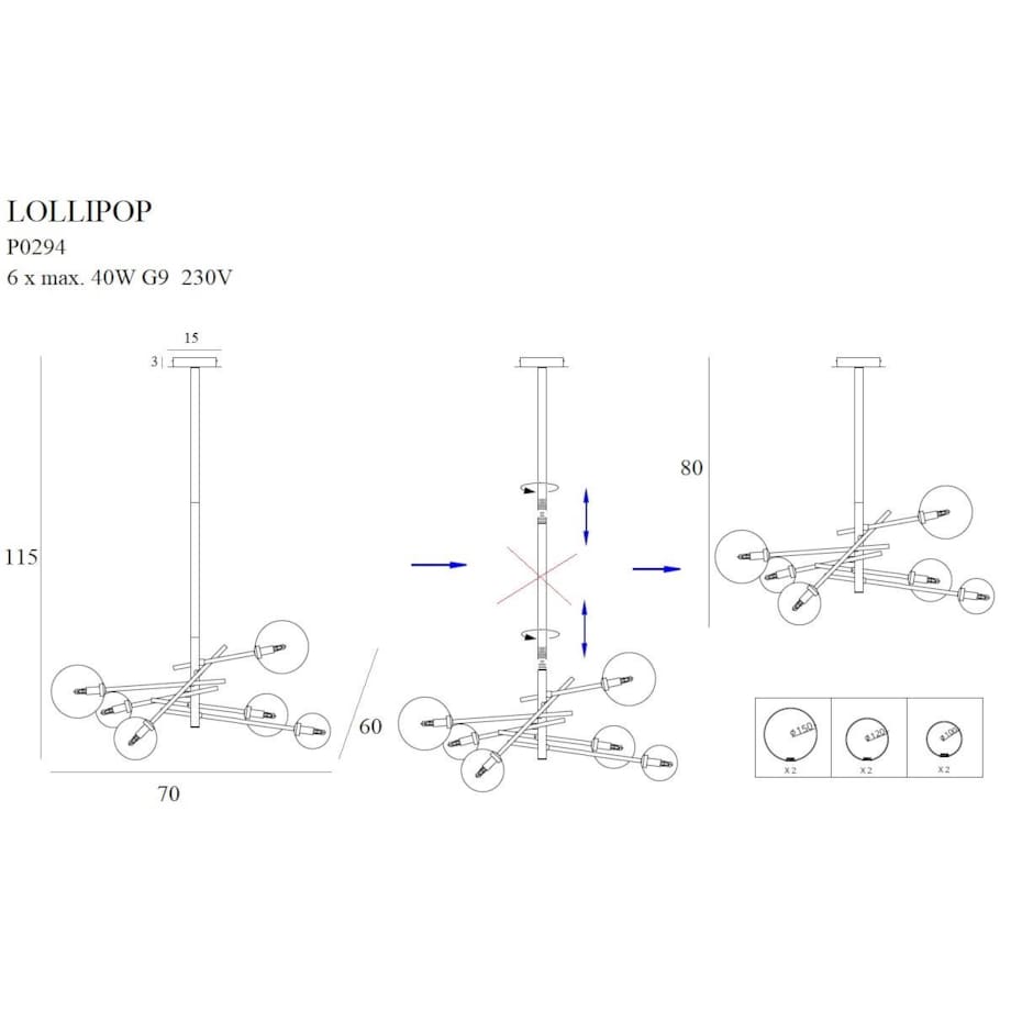 Żyrandol LAMPA wisząca LOLLIPOP P0294 Maxlight metalowa OPRAWA pręty szklane kule balls molekuły zwis mosiądz przezroczyste