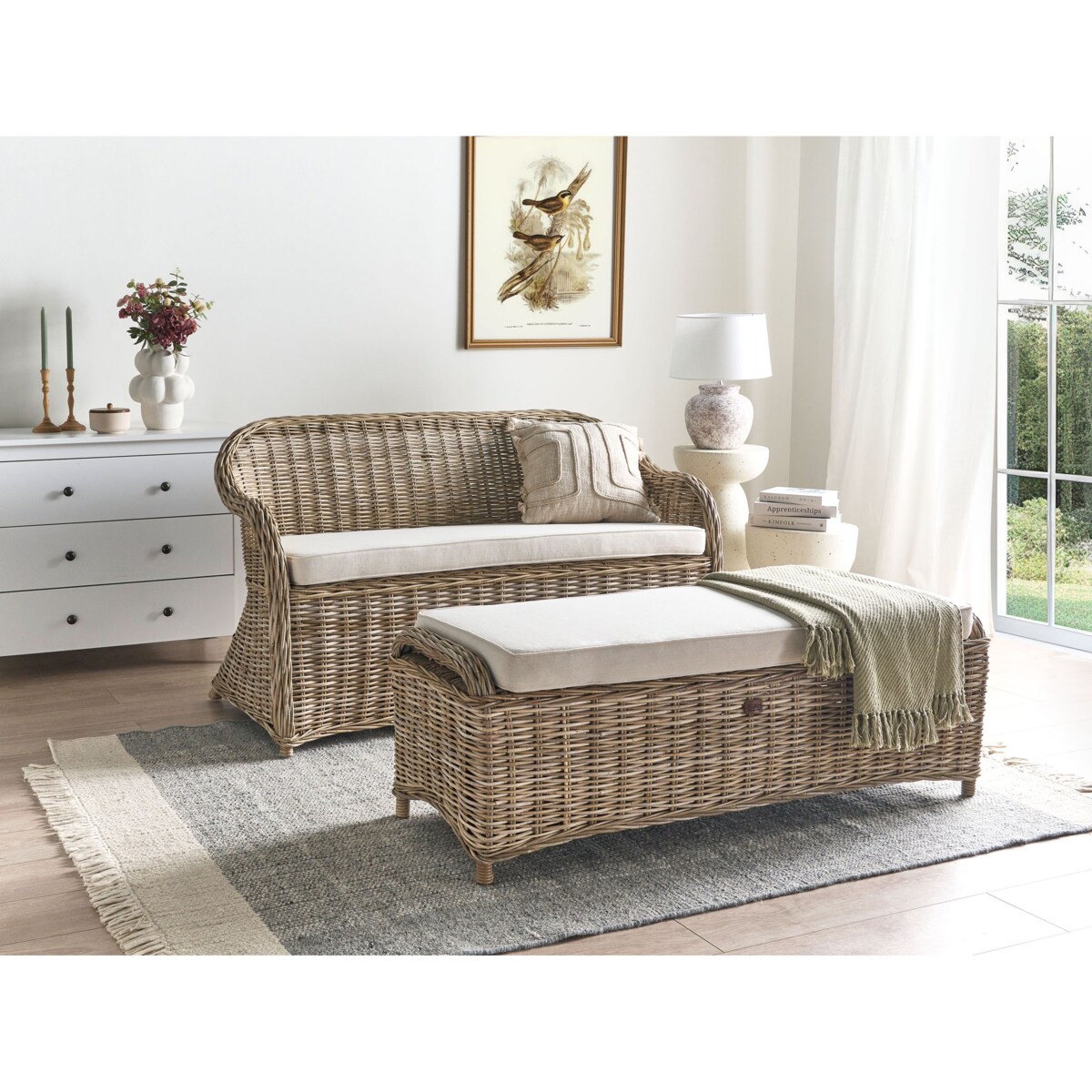 Ławka ogrodowa z poduchą SUSUA 150 cm z otomaną Rattan Naturalny