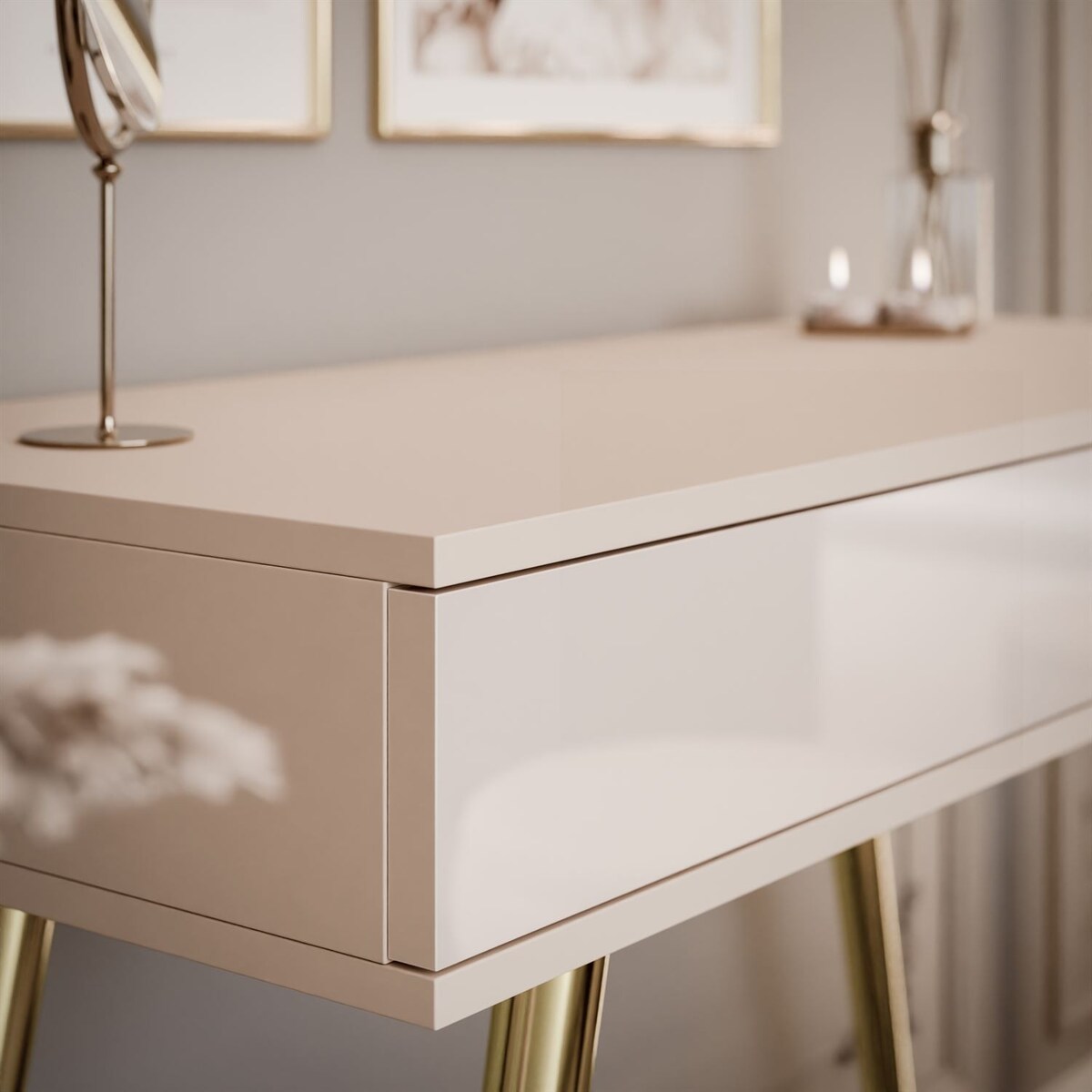 Konsola SIENNA KASZMIR na skośnych, złotych nóżkach, push-to-open