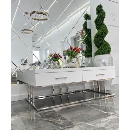 Biały srebrny stolik kawowy/ ława Biała Milano 120x70x45 / 2 pojemne szuflady