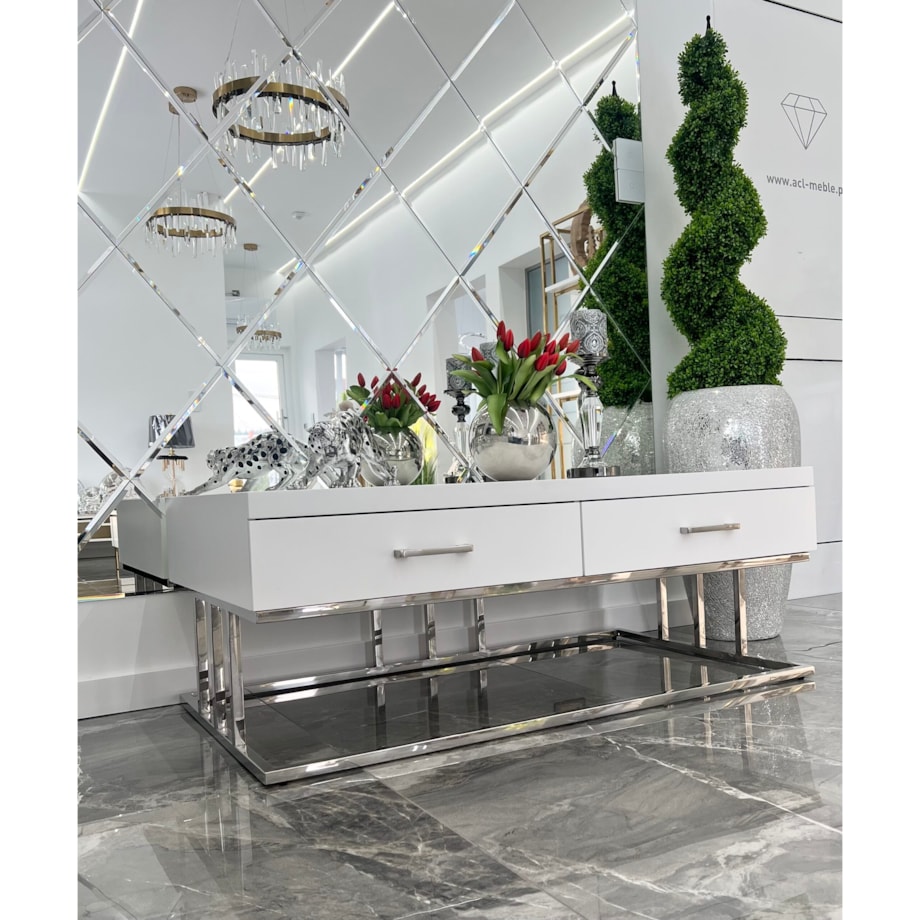 Biały srebrny stolik kawowy/ ława Biała Milano 120x70x45 / 2 pojemne szuflady