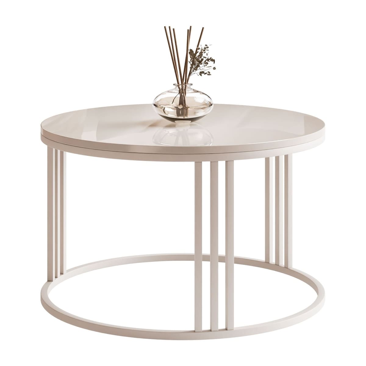 Okrągły stolik kawowy LORI POŁYSK na kaszmirowym stelażu, blat kaszmir połysk