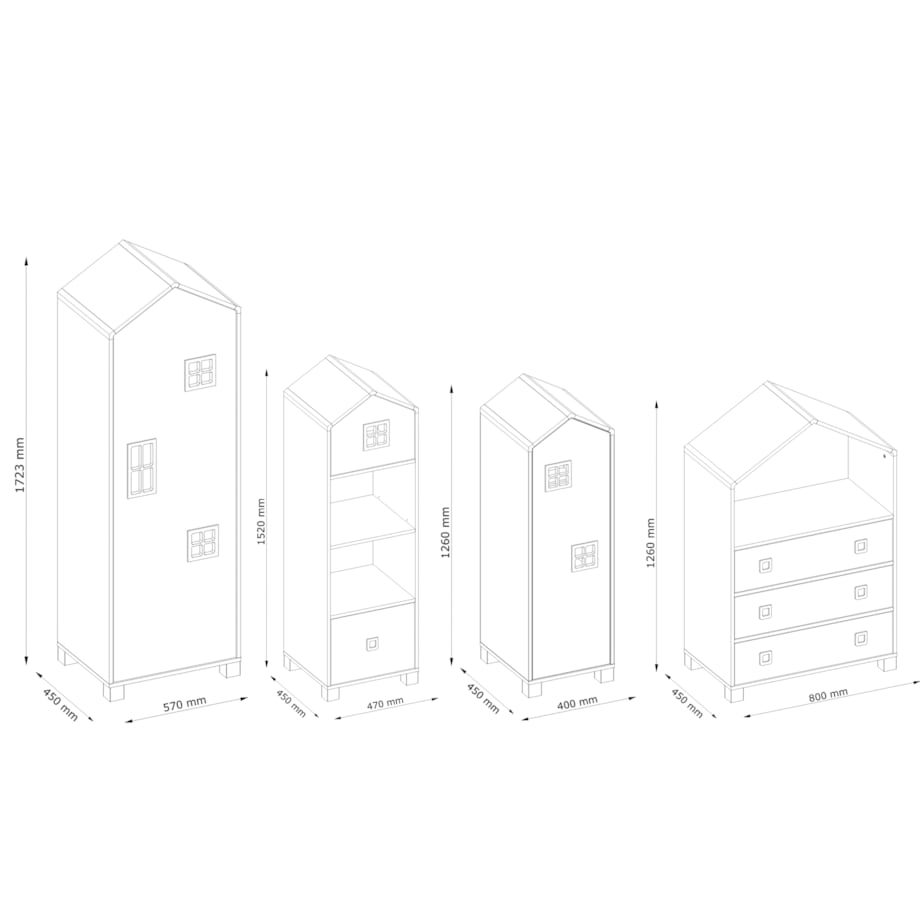 KONSIMO MIRUM Zestaw mebli w kształcie domku dla chłopca w kolorze szarym składający się z 4 elementów