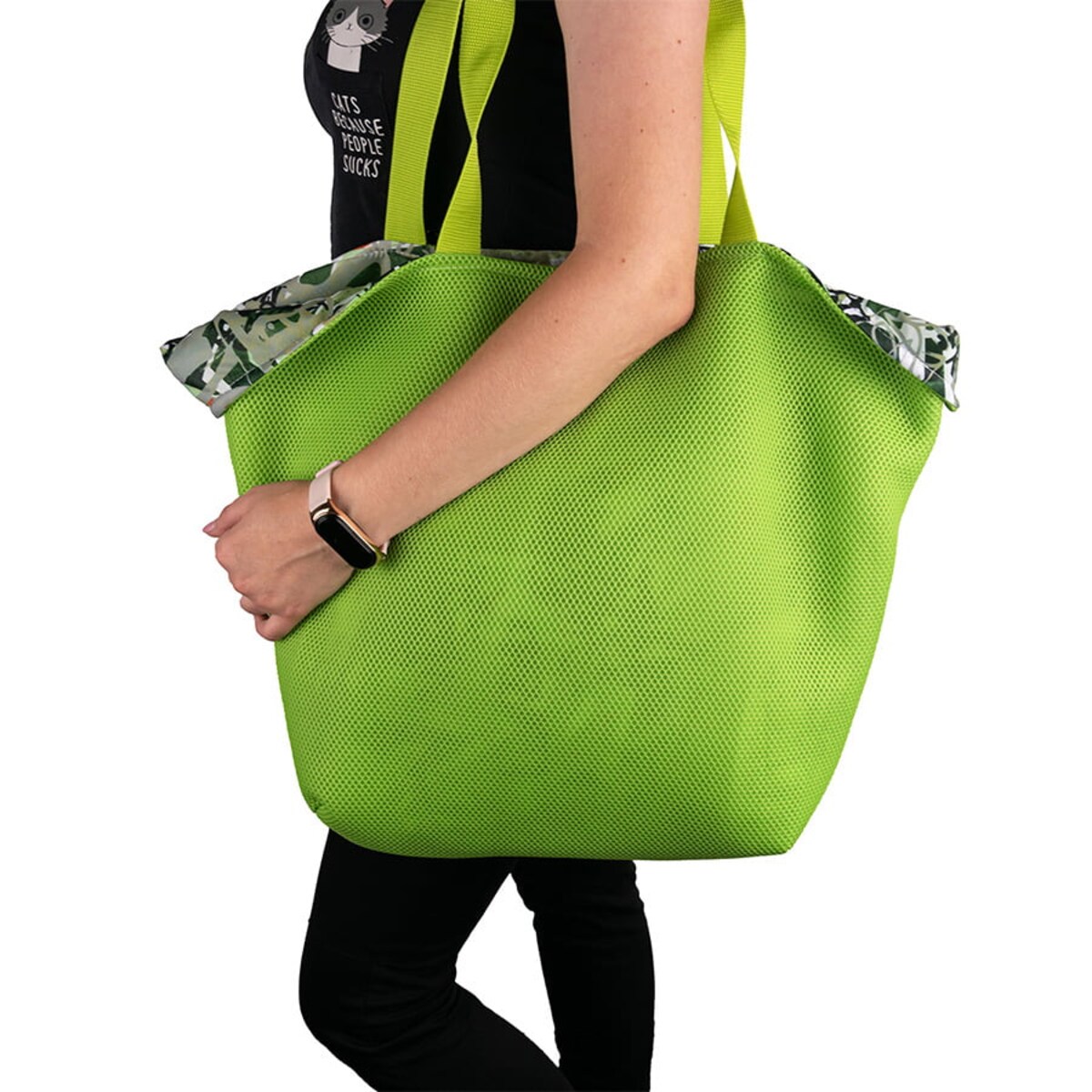 Torba na zakupy trapezowa 67x42 cm zielona z wnętrzem zielony wzór