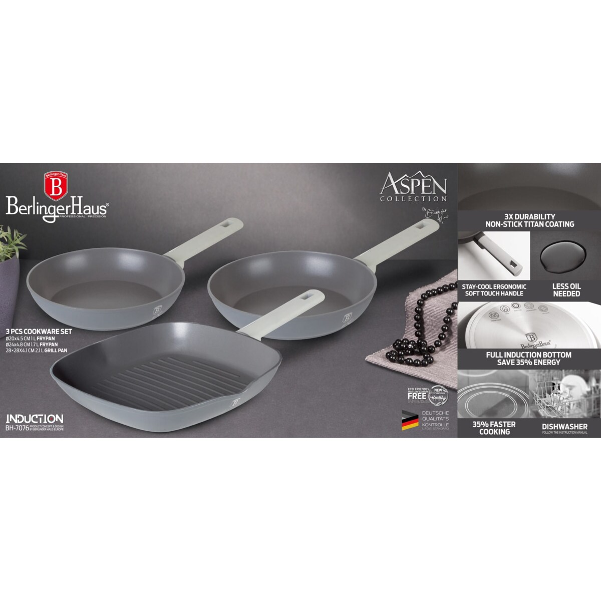 Komplet patelni z powłoką tytanową 20/24/28cm 3-ele BERLINGER HAUS Aspen