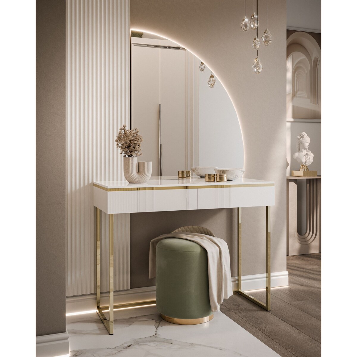 Toaletka AURORA-Q biały połysk na złotym stelażu prawe