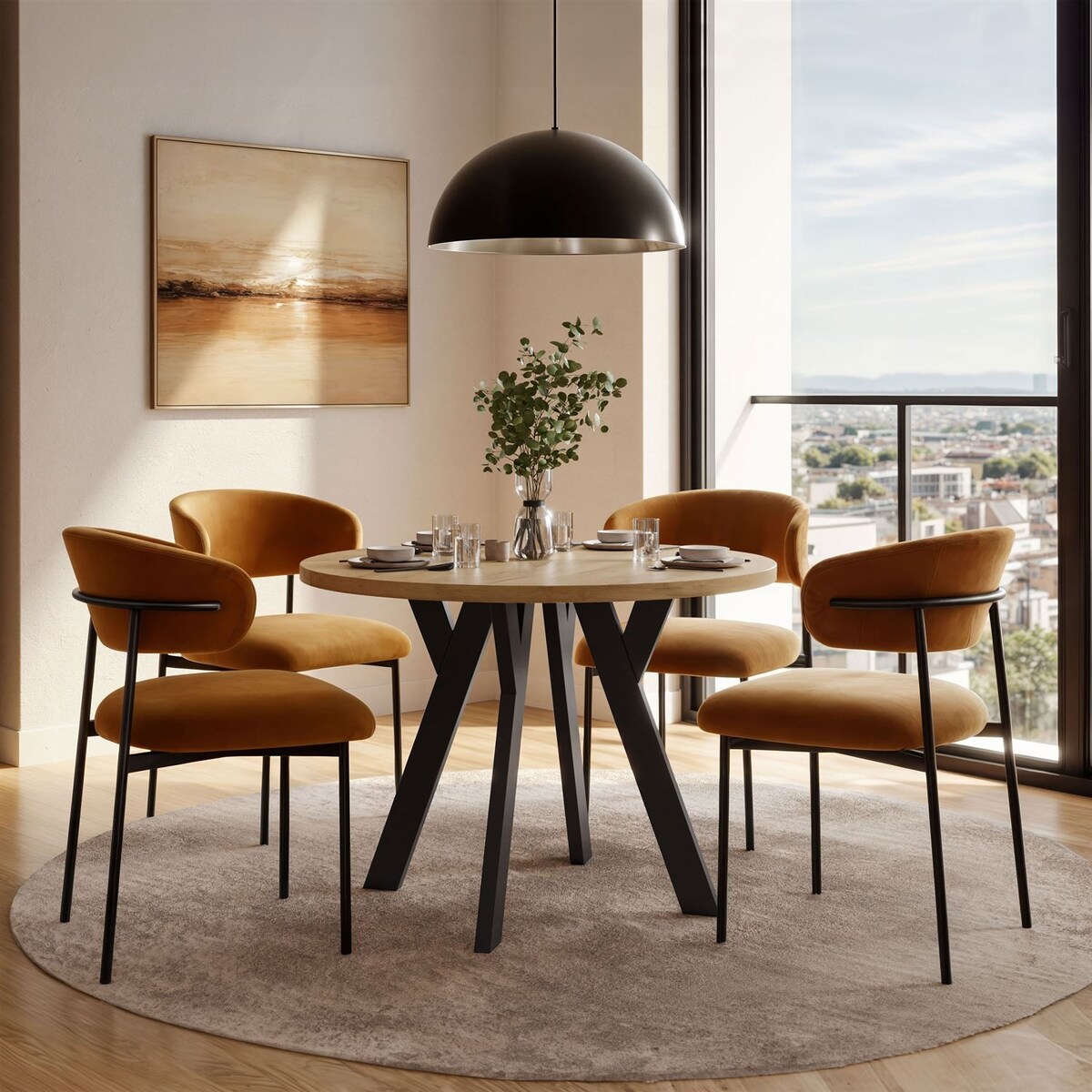 Okrągły stół rozkładany VOLTA LOFT, nogi czarne, blat dąb craft złoty