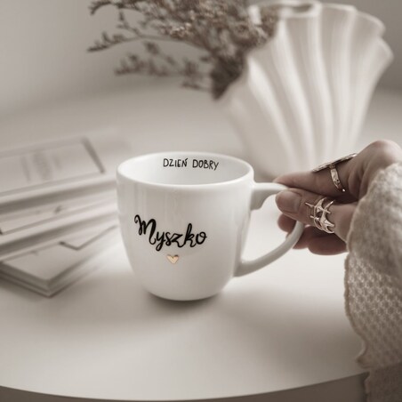 Biały Kubek Porcelanowy 300 ml - Napis Dzień Dobry Myszko ze Złotym Sercem dla Partnerki na Rocznicę